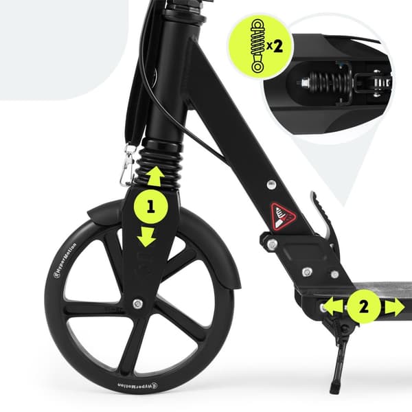 HyperMotion Skyline sparkcykel – hopfällbar aluminium, 20 cm PU-hjul, handbroms, stötdämpare, dryckhållare, 6+, max 100 kg