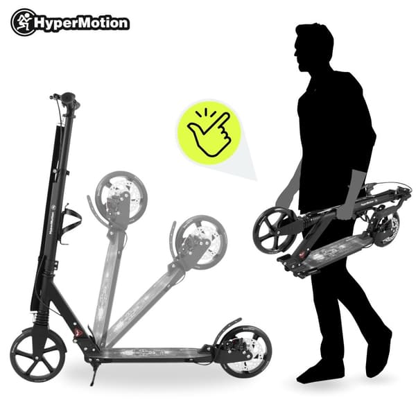 HyperMotion Skyline sparkcykel – hopfällbar aluminium, 20 cm PU-hjul, handbroms, stötdämpare, dryckhållare, 6+, max 100 kg