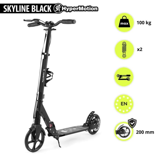 HyperMotion Skyline sparkcykel – hopfällbar aluminium, 20 cm PU-hjul, handbroms, stötdämpare, dryckhållare, 6+, max 100 kg