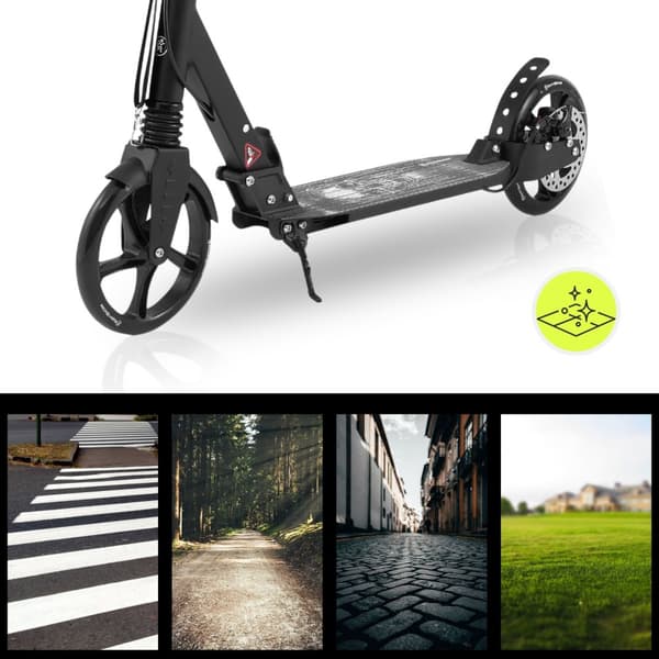 HyperMotion Skyline sparkcykel – hopfällbar aluminium, 20 cm PU-hjul, handbroms, stötdämpare, dryckhållare, 6+, max 100 kg