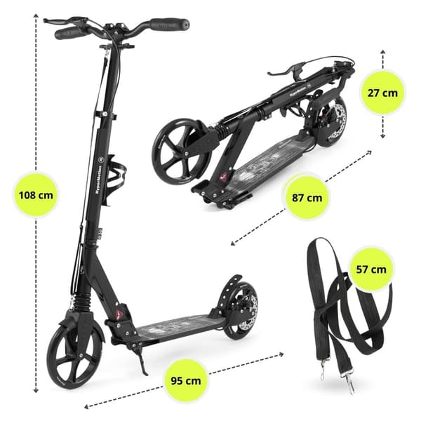 HyperMotion Skyline sparkcykel – hopfällbar aluminium, 20 cm PU-hjul, handbroms, stötdämpare, dryckhållare, 6+, max 100 kg