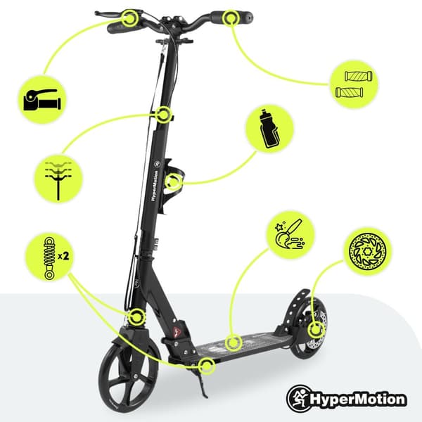 HyperMotion Skyline sparkcykel – hopfällbar aluminium, 20 cm PU-hjul, handbroms, stötdämpare, dryckhållare, 6+, max 100 kg