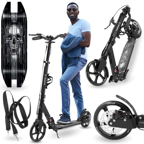 HyperMotion Skyline sparkcykel – hopfällbar aluminium, 20 cm PU-hjul, handbroms, stötdämpare, dryckhållare, 6+, max 100 kg Svart