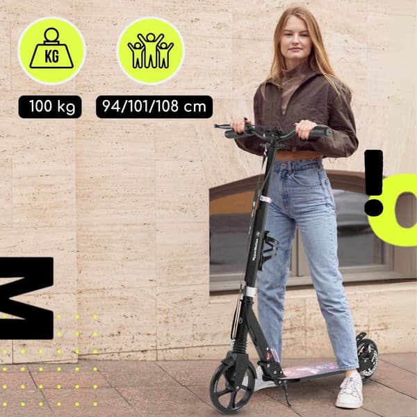 HyperMotion Skyline sparkcykel – hopfällbar aluminium, 20 cm PU-hjul, handbroms, stötdämpare, dryckhållare, 6+, max 100 kg