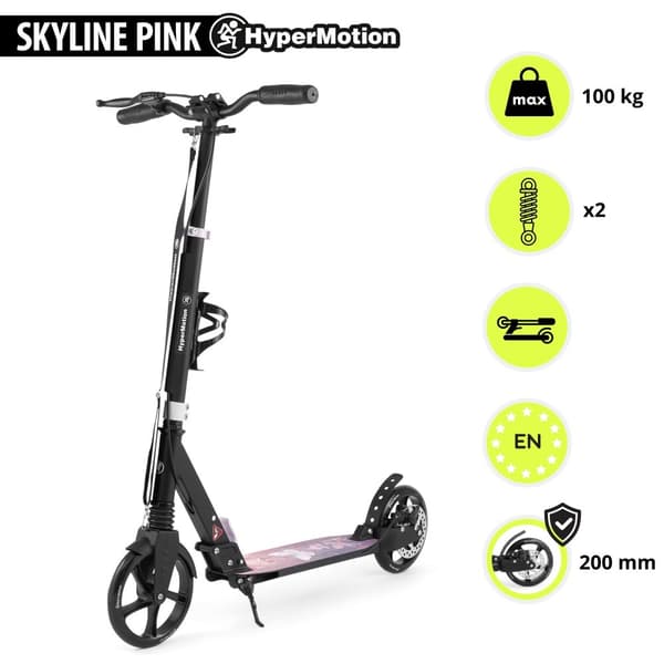 HyperMotion Skyline sparkcykel – hopfällbar aluminium, 20 cm PU-hjul, handbroms, stötdämpare, dryckhållare, 6+, max 100 kg