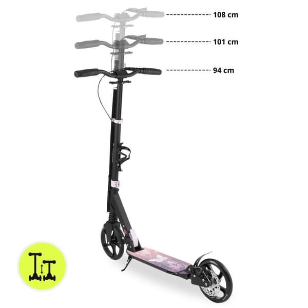 HyperMotion Skyline sparkcykel – hopfällbar aluminium, 20 cm PU-hjul, handbroms, stötdämpare, dryckhållare, 6+, max 100 kg