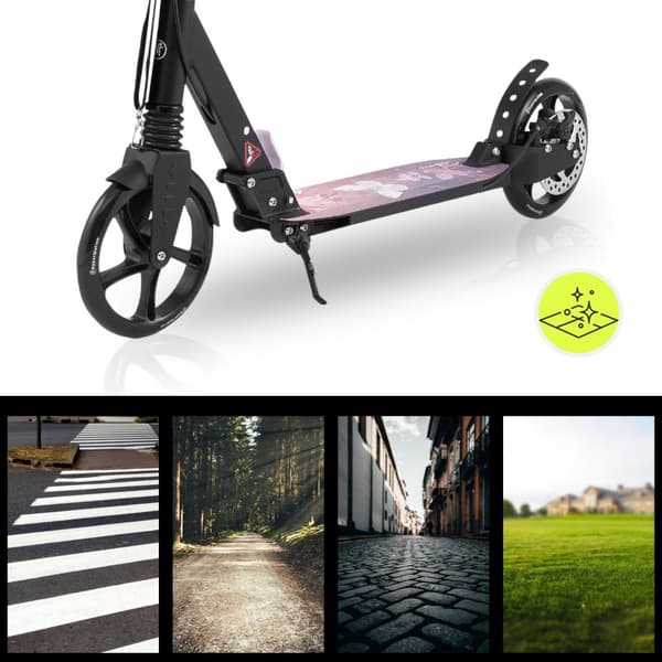 HyperMotion Skyline sparkcykel – hopfällbar aluminium, 20 cm PU-hjul, handbroms, stötdämpare, dryckhållare, 6+, max 100 kg