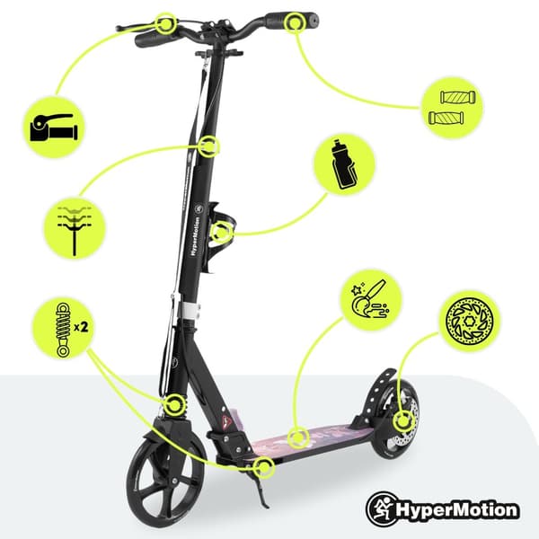 HyperMotion Skyline sparkcykel – hopfällbar aluminium, 20 cm PU-hjul, handbroms, stötdämpare, dryckhållare, 6+, max 100 kg