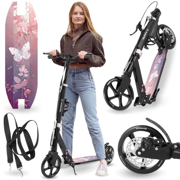HyperMotion Skyline sparkcykel – hopfällbar aluminium, 20 cm PU-hjul, handbroms, stötdämpare, dryckhållare, 6+, max 100 kg