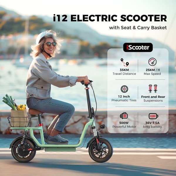 iScooter i12 voksen elektrisk scooter 500W, med kurv og sæde, 12 tommer, dobbelt affjedring, til bypendling, grøn