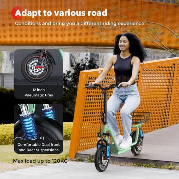 iScooter i12 voksen elektrisk scooter 500W, med kurv og sæde, 12 tommer, dobbelt affjedring, til bypendling, grøn