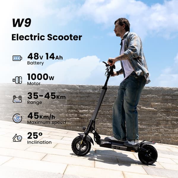 iScooter W9 taitettava sähköskootteri 1000W, 48V 14Ah akku, huippunopeus 45km/h, kantama 35-45km, 10 tuuman renkaat