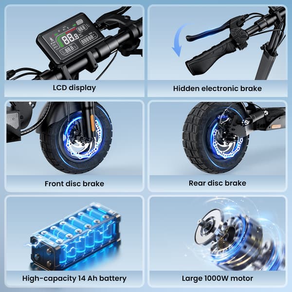 2025Ny E-Scooter iScooter W9 1000W Motor 48V 13Ah Batteri 45 km/t Skivebremse bagpå med AppElektrisk scooter 10 tommer oppustelige dæk Hastighed