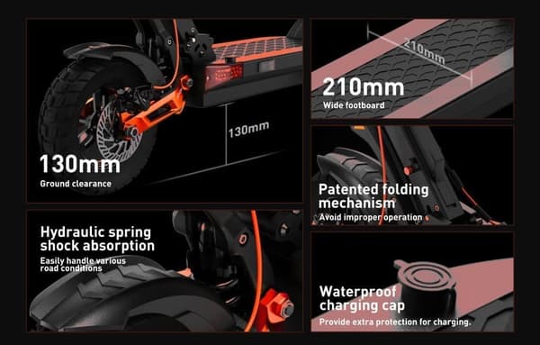 JOYOR T6 10'' foldbar elektrisk løbehjul, 600W motor, op til 48 km/t, 18Ah batteri, maksimal rækkevidde 40-70 km, støddæmpere foran og bagpå