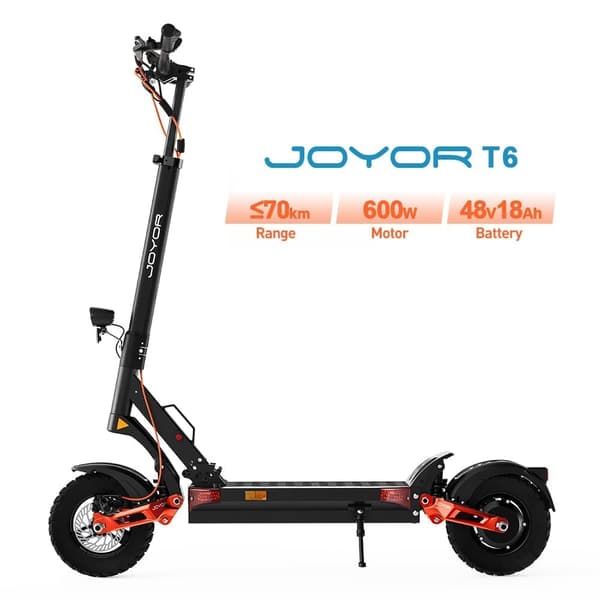JOYOR T6 10'' foldbar elektrisk løbehjul, 600W motor, op til 48 km/t, 18Ah batteri, maksimal rækkevidde 40-70 km, støddæmpere foran og bagpå