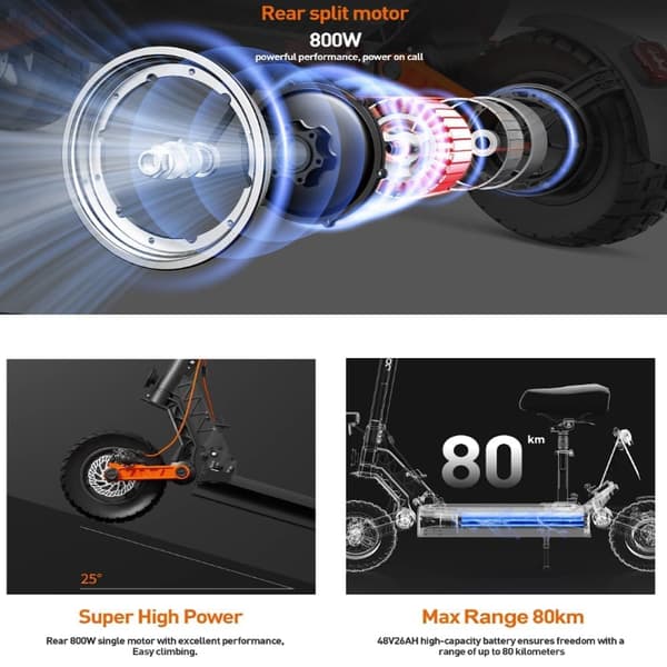 Joyor S8E Voksen Off-Road elektrisk scooter med NFC sæde, 800W motor, 26AH batteri, 10'' dæk, foldbar.