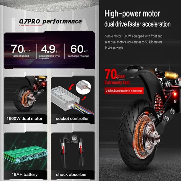 Boyueda Q7Pro voksen 10'' dual drive el-scooter, 19Ah batteri, 3200W motor, med sæde, udholdenhed: 60-70KM, dobbelt støddæmpere.