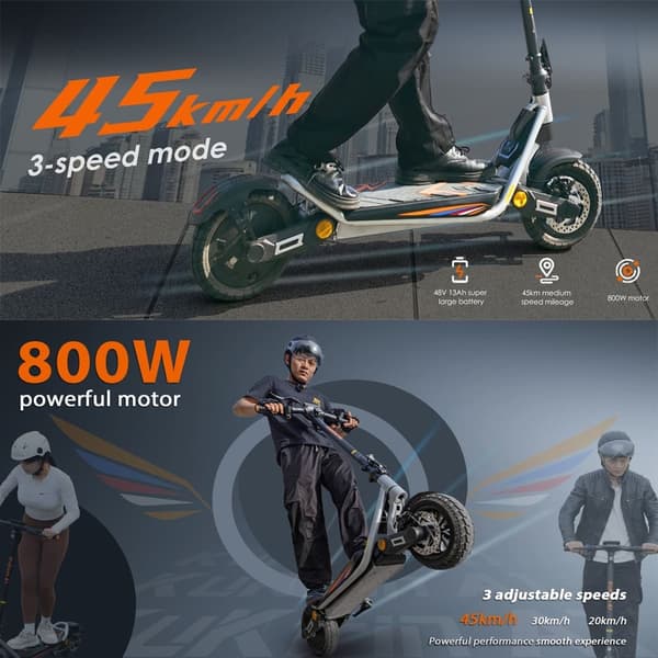 KuKirin A1 foldbar elektrisk løbehjul, 800W motor, 48V13Ah batteri, tophastighed op til 45 km/t, 10 tommer slangeløse dæk
