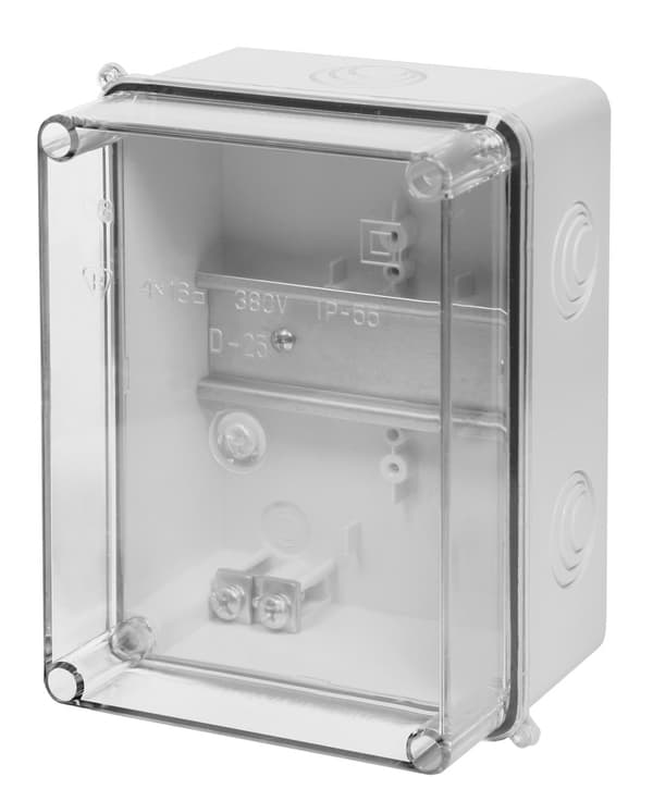 Utanpåliggande hölje med monteringsskena, transparent lock, IP55
