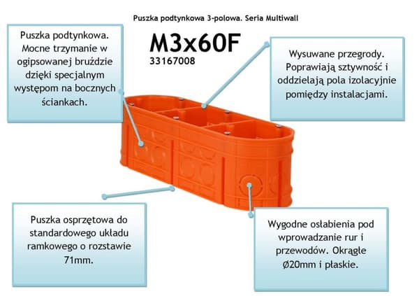 Infälld dosa, djup, med skruvar, orange M3x60F Flerväggs