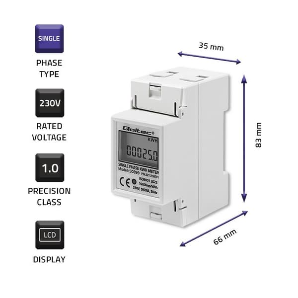 Qoltec 50899 Enfaset elektronisk energiforbrugsmåler | 230 V | LCD | 2P | DIN skinne