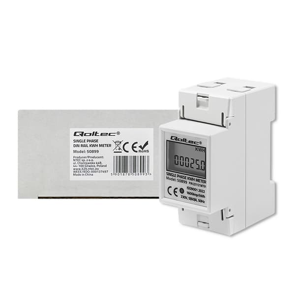 Qoltec 50899 Enfaset elektronisk energiforbrugsmåler | 230 V | LCD | 2P | DIN skinne