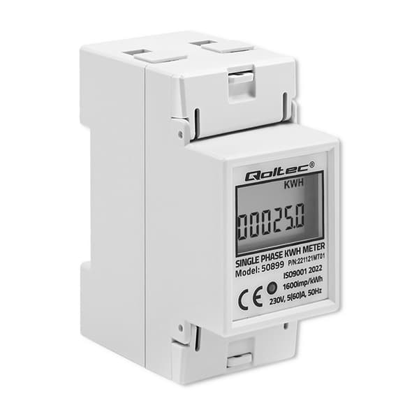 Qoltec 50899 Enfaset elektronisk energiforbrugsmåler | 230 V | LCD | 2P | DIN skinne