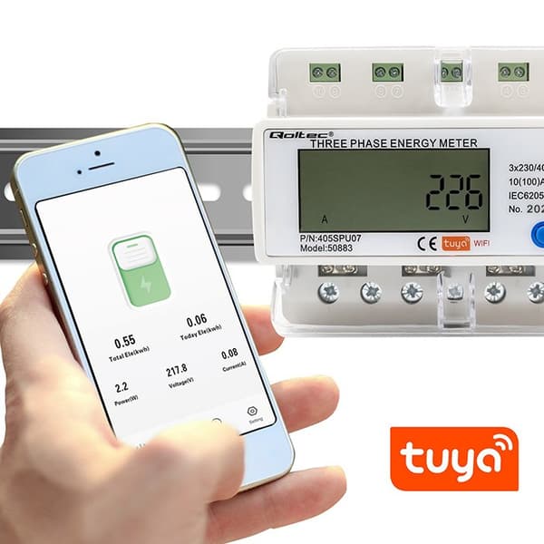 Qoltec 50883 Trefaset elektronisk energiforbrugsmåler til DIN-skinne | WiFi | TUYA | 400V | LCD
