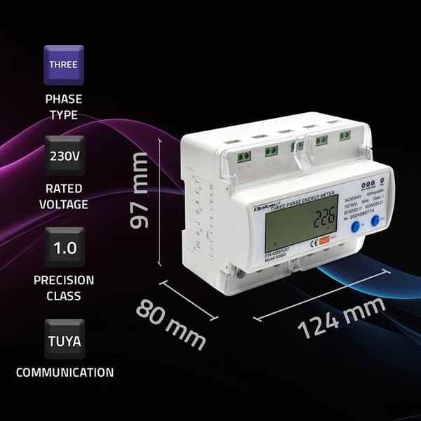 Qoltec 50883 Trefaset elektronisk energiforbrugsmåler til DIN-skinne | WiFi | TUYA | 400V | LCD