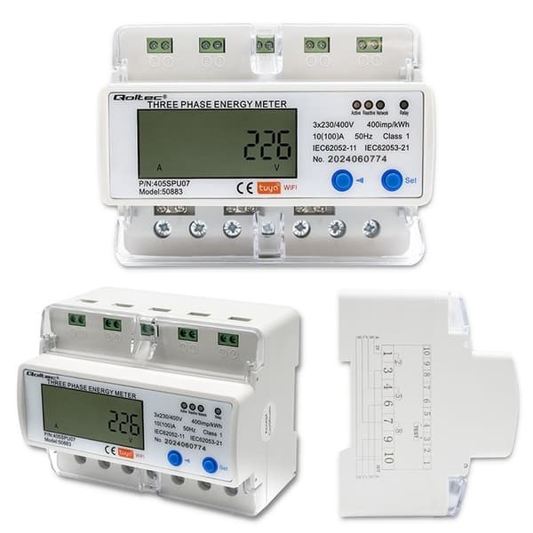 Qoltec 50883 Trefaset elektronisk energiforbrugsmåler til DIN-skinne | WiFi | TUYA | 400V | LCD