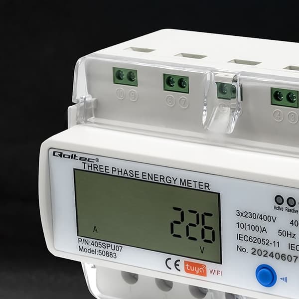 Qoltec 50883 Trefaset elektronisk energiforbrugsmåler til DIN-skinne | WiFi | TUYA | 400V | LCD