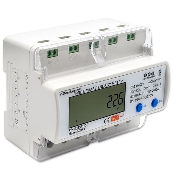 Qoltec 50883 Trefaset elektronisk energiforbrugsmåler til DIN-skinne | WiFi | TUYA | 400V | LCD