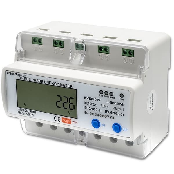 Qoltec 50883 Trefaset elektronisk energiforbrugsmåler til DIN-skinne | WiFi | TUYA | 400V | LCD