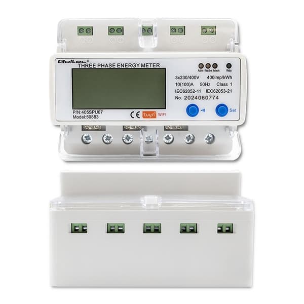 Qoltec 50883 Trefaset elektronisk energiforbrugsmåler til DIN-skinne | WiFi | TUYA | 400V | LCD