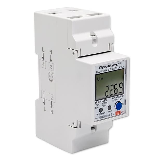 Qoltec 50882 Enfaset elektronisk energiforbrugsmåler til DIN-skinne | WiFi | TUYA | 230V | LCD