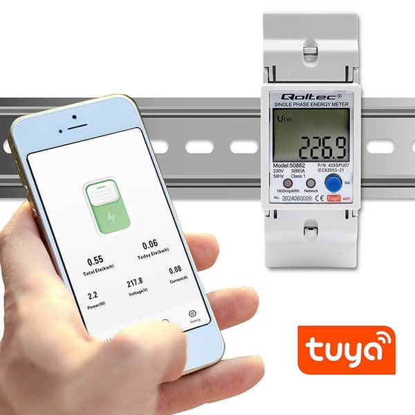 Qoltec 50882 Enfaset elektronisk energiforbrugsmåler til DIN-skinne | WiFi | TUYA | 230V | LCD