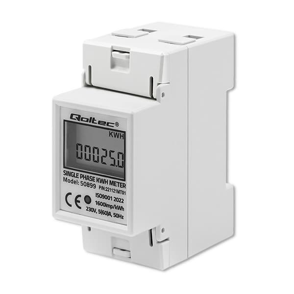 Qoltec 50899 Yksivaiheinen elektroninen energiankulutusmittari | 230V | LCD | 2P | DIN-kisko