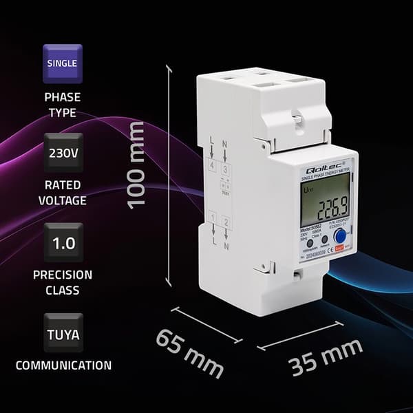 Qoltec 50882 Yksivaiheinen elektroninen energiankulutusmittari DIN-kiskoon | WiFi | TUYA | 230V | LCD