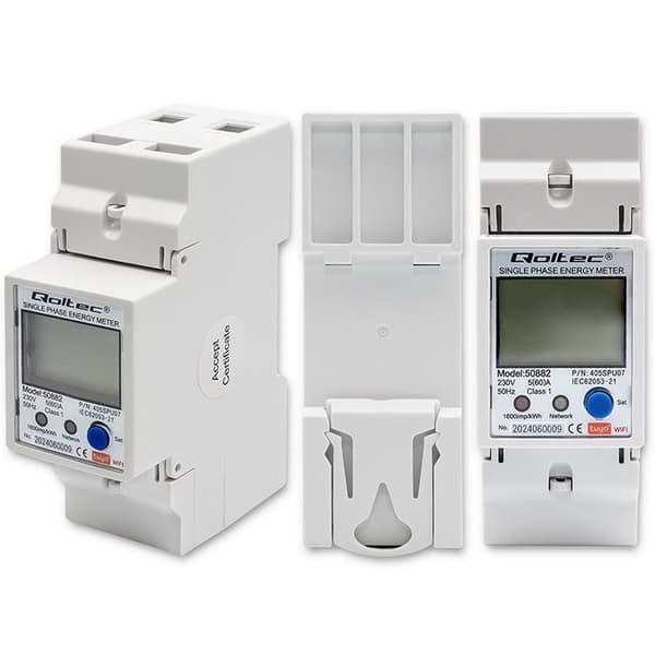 Qoltec 50882 Yksivaiheinen elektroninen energiankulutusmittari DIN-kiskoon | WiFi | TUYA | 230V | LCD