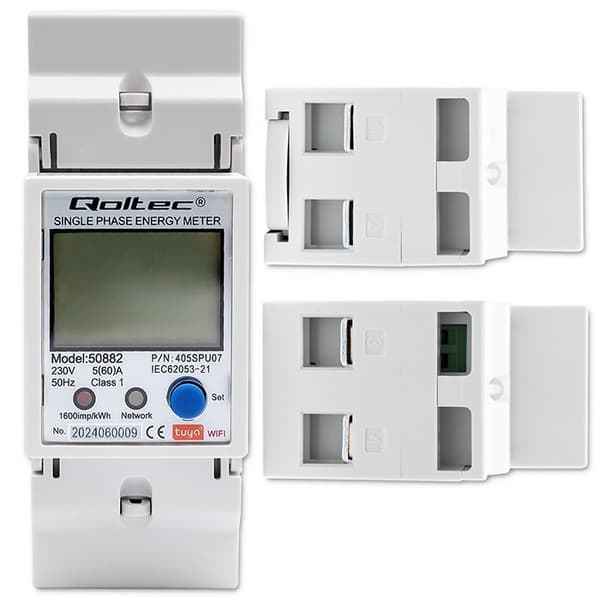 Qoltec 50882 Yksivaiheinen elektroninen energiankulutusmittari DIN-kiskoon | WiFi | TUYA | 230V | LCD