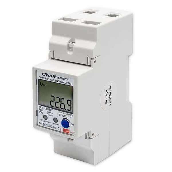 Qoltec 50882 Yksivaiheinen elektroninen energiankulutusmittari DIN-kiskoon | WiFi | TUYA | 230V | LCD
