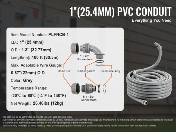 VEVOR PVC Rør, 1" & 3/4" Størrelser, 100 ft Længde,25,4 mm