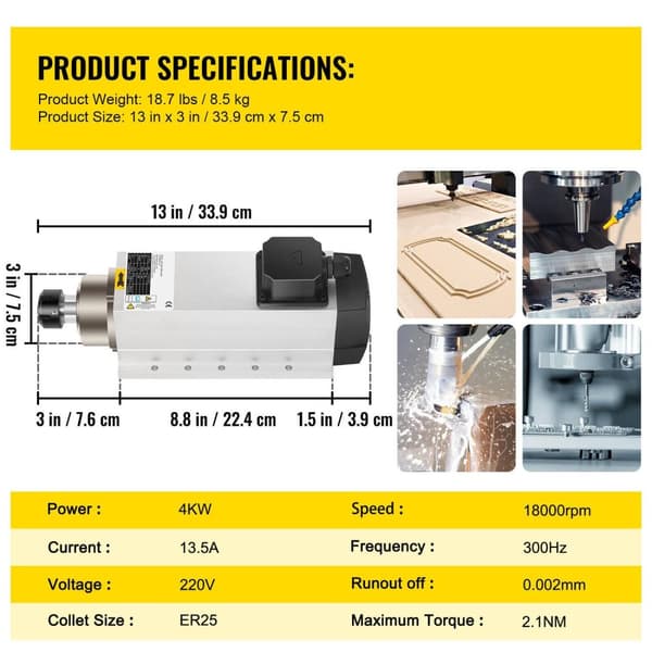4KW 18000rpm luftkyld spindelmotor + 4KW VFD-växelriktare, ER25 standardhylsa, dynamisk balansdesign, lågt brus, bred applikation