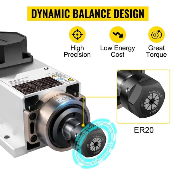 2,2KW 24000RPM luftkyld spindelmotor, ER20 standardchuck, fyra lager, dynamisk balansteknik, lågt ljud, bra värmeavledning, bred applikation