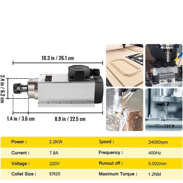 2,2KW 24000RPM luftkyld spindelmotor, ER20 standardchuck, fyra lager, dynamisk balansteknik, lågt ljud, bra värmeavledning, bred applikation