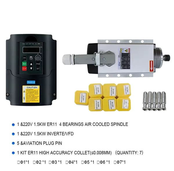 1,5 kW 24 000 rpm luftkyld spindelmotor med 1,5 kW VFD-inverter, ER11-chuck, tyst drift, hög temperaturbeständighet