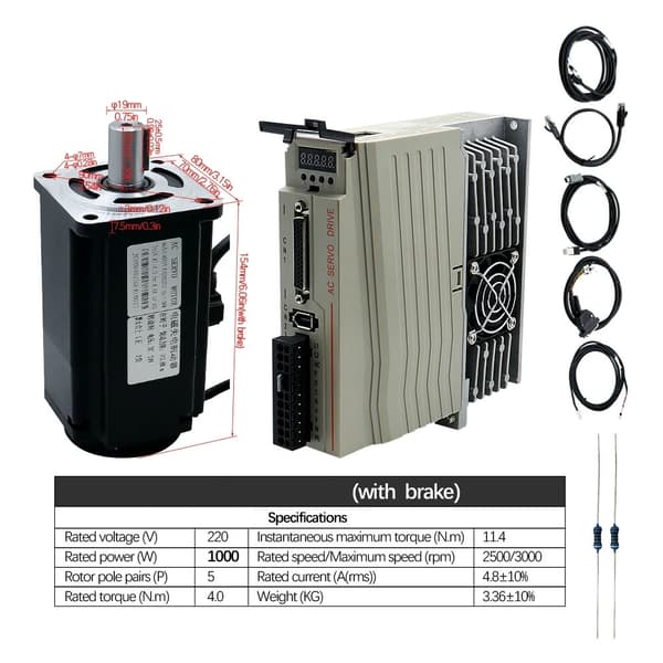 1000W 220V 2500 rpm 3,8Nm servomotor med broms kit för CNC-gravyrmaskin, 17-bitars absolutvärde