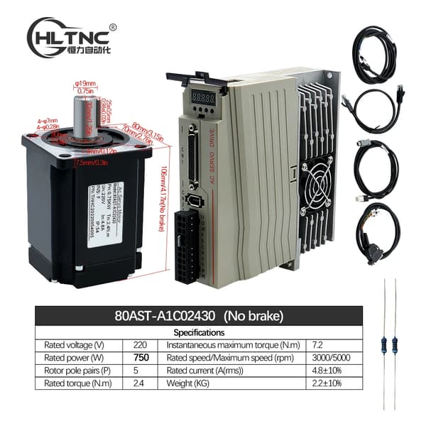 Servomotor med drivare, hög vridmomentkapacitet, flera effektbetyg, mångsidiga kontrolloptioner,750 watt, 220V