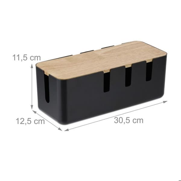 Relaxdays Kabelbox, för 2 förgreningsblock, lock av trä, plast, HLP: 11,5 x 30,5 x 12,5 cm, svart