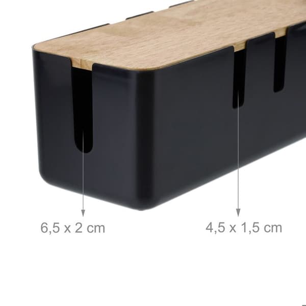 Relaxdays Kabelbox, för 2 förgreningsblock, lock av trä, plast, HLP: 11,5 x 30,5 x 12,5 cm, svart
